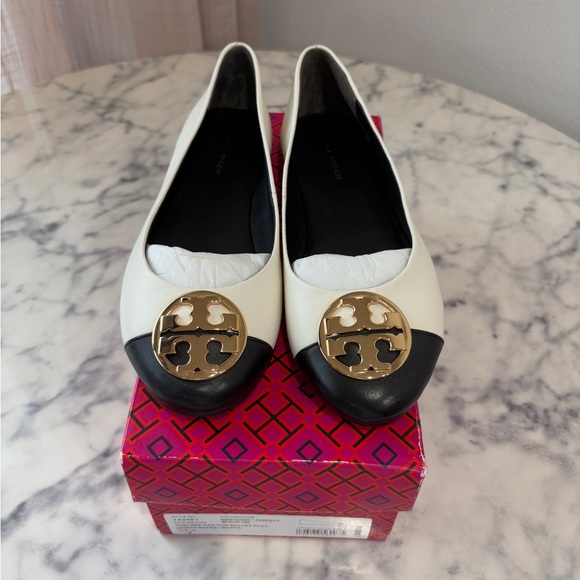 Tory Burch Shoes - Elegant White and Black Flats with Gold Accent